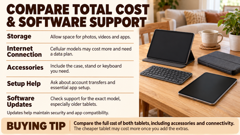 Compare tablet costs and software support